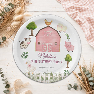 Plato De Papel Granja de animales de acuarela Cumpleaños número 6