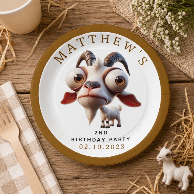 Plato De Papel Granja de animales lindos cumpleaños cabra 2 (Cute goat Farm Animals 2nd Birthday Party Paper Plates)