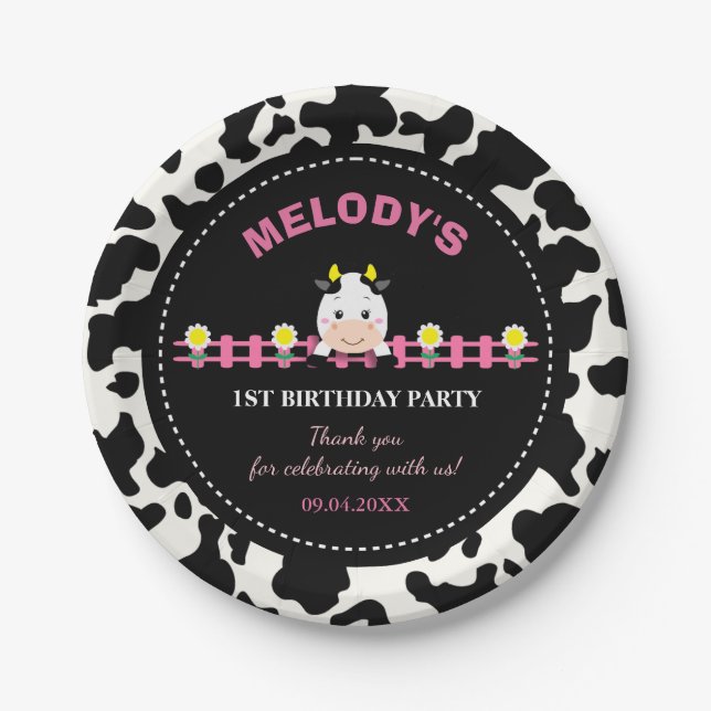Plato De Papel Granja de animales Pink Cow Barnyard Primer Fiesta (Anverso)