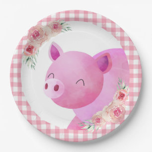 Plato De Papel Granja de cerdo floral rosa de Gingham