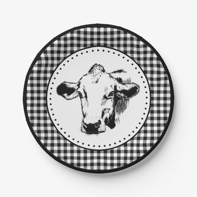 Plato De Papel Granja de Gingham de Vaca (Anverso)