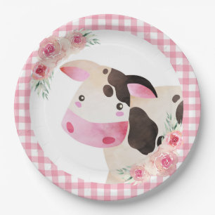 Plato De Papel Granja de vaca floral Rosa Gingham