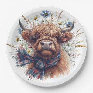 Plato De Papel Granja de vacas Highland acuarela