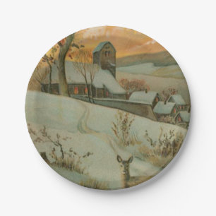 Plato De Papel Granja del navidad del vintage con los ciervos
