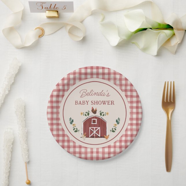 Plato De Papel Granja Encantadora de Gallinas Baño Gingham (Boda)