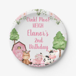 Plato De Papel Granja floral de granero rosa Oink Baa Neigh Cumpl