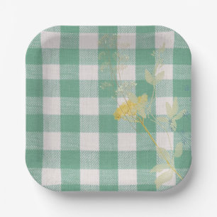 Plato De Papel Granja Green Wildflower Gingham Plaid