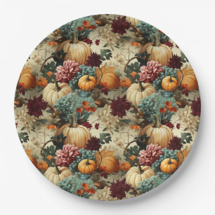 Plato De Papel Granja Rústica Calabaza Naranja Floral Vintage