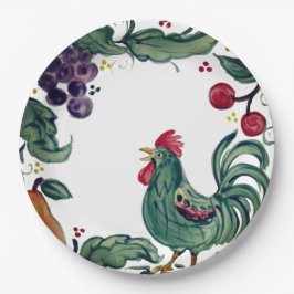 Plato De Papel Granja toscana de Rústico Rooster y Fruta Colorida