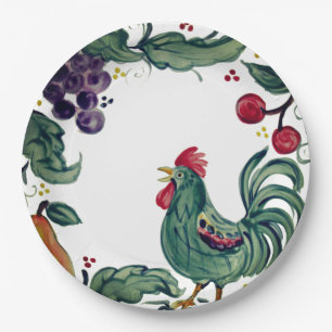 Plato De Papel Granja toscana de Rústico Rooster y Fruta Colorida