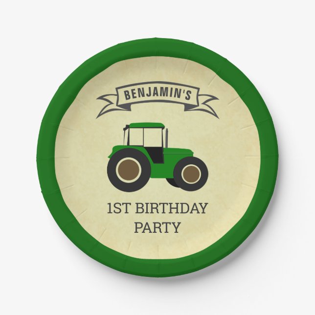 Plato De Papel Granja Verde Tractor Cumpleaños de Niños Fiesta (Anverso)