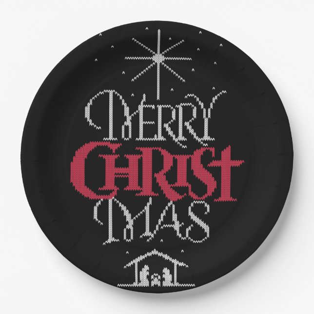 Plato De Papel Granny Knit Religioso Feo Merry Christmas Sweater (Anverso)