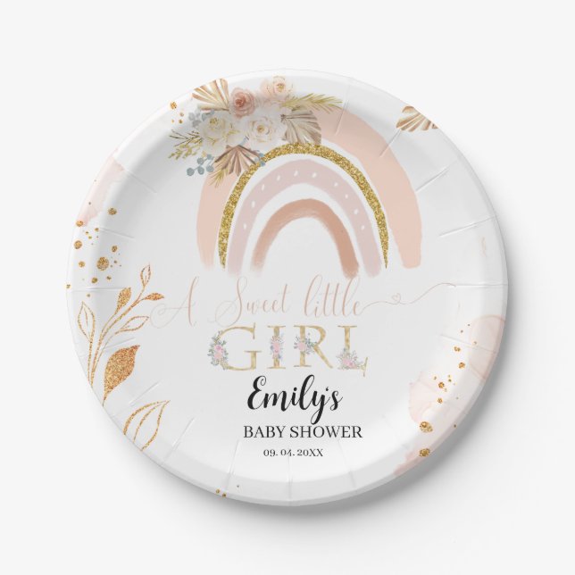 Plato De Papel Grasa Boho Rainbow Pampas Gracias Baby Shower (Anverso)