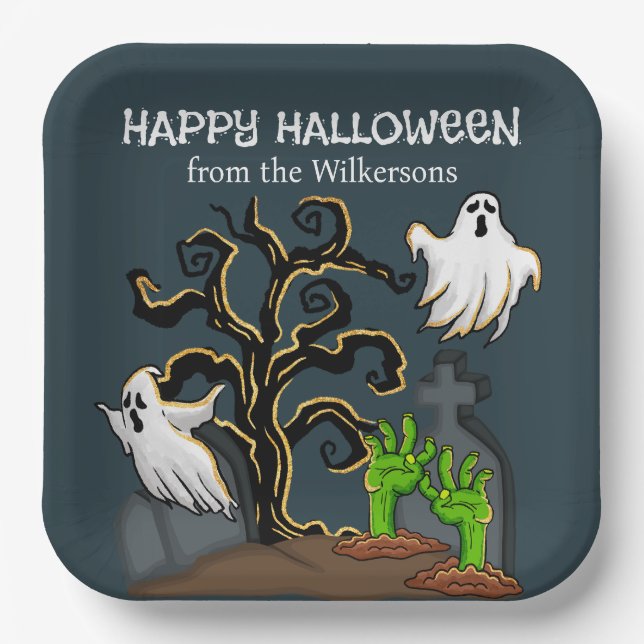 Plato De Papel Graveyard Zombie y Ghost Cute Halloween Party (Anverso)