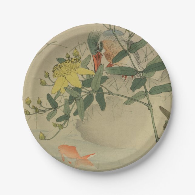 Plato De Papel Gray Bird Goldfish Oriental Chinoiserie Naturaleza (Anverso)