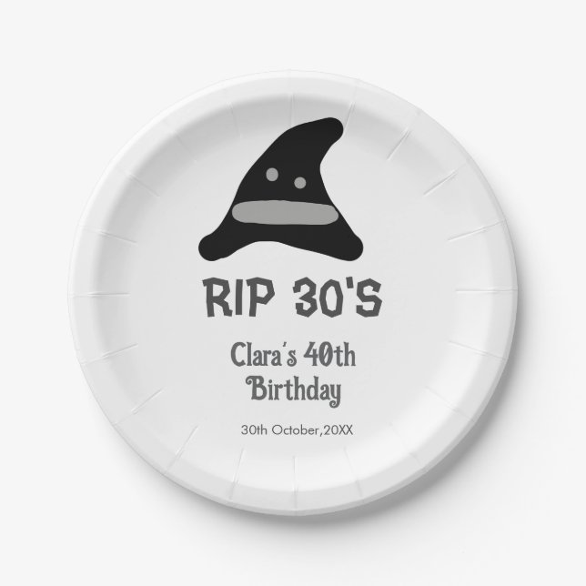 Plato De Papel Gray black RIP 30's 40th birthday witch hat hallow (Anverso)