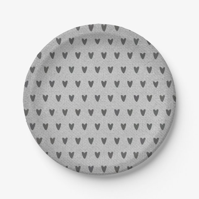 Plato De Papel Gray Burlap Whimsical Hearts Rústic Farmhouse (Anverso)