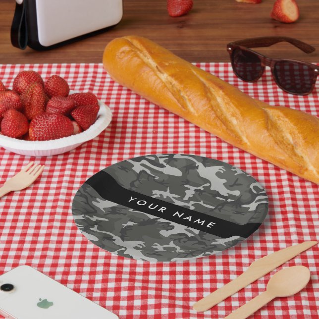 Plato De Papel Gray Camouflage Pattern, Your name, Personalize (Picnic)