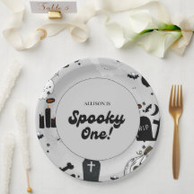 Gray Retro Grooy Spooky One Halloween 1er cumpleañ
