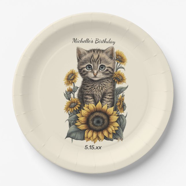 Plato De Papel Gray Tabby Cat Kitten Sunflowers Cumpleaños (Anverso)
