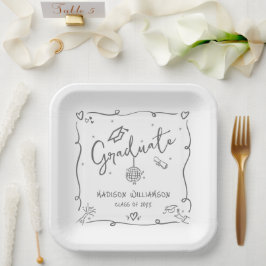 Plato De Papel Gray White Hand Drawn Doodles Graduation Fun Retro