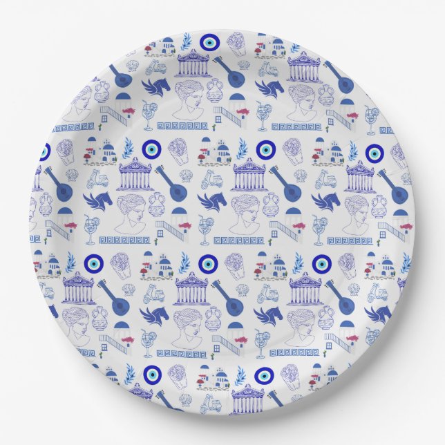 Plato De Papel Grecia Azul y Blanco (Anverso)