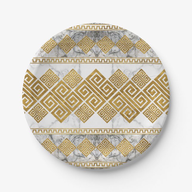 Plato De Papel Greek Meander - Greek Key White Marble and Gold (Anverso)