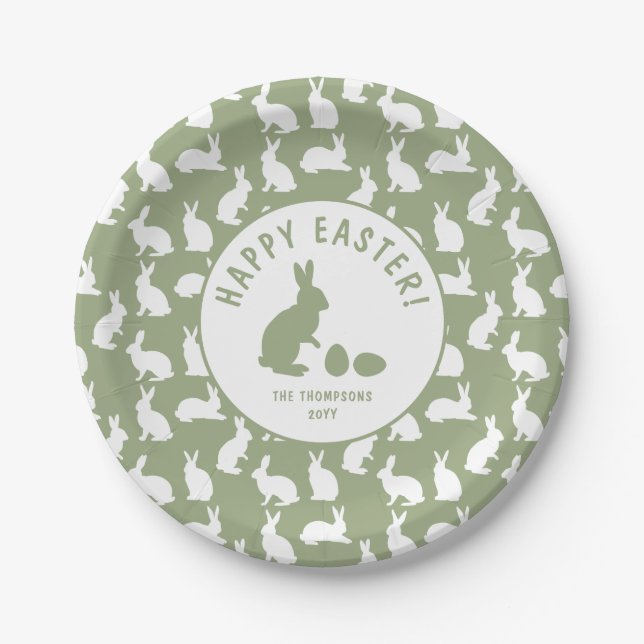 Plato De Papel Green And White Bunny Pattern Happy Easter (Anverso)
