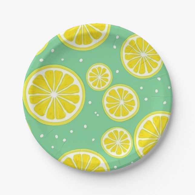 Plato De Papel Green and Yellow Lemon Slice Pattern (Anverso)