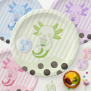 Plato De Papel Green Axolotl Bubble Boba Par-tea Cumpleaños