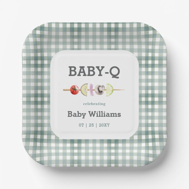 Plato De Papel Green Babyque BBQ Couple Baby Shower (Anverso)