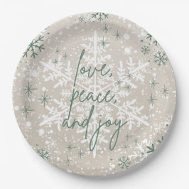 Plato De Papel Green Beige Snowflakes Love Peace Joy Holiday
