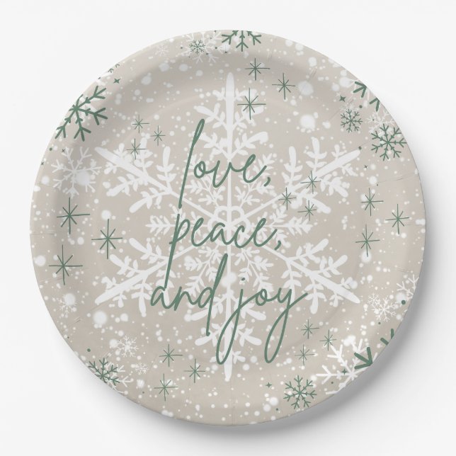 Plato De Papel Green Beige Snowflakes Love Peace Joy Holiday (Anverso)