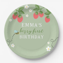 Plato De Papel Green Berry First Pink Strawberry and Flowers