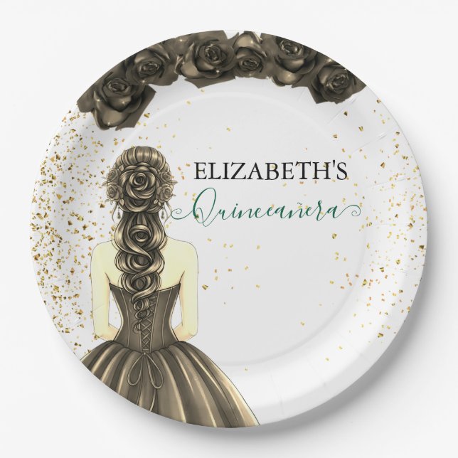 Plato De Papel Green & Black Quinceañera Custom Paper Plat (Anverso)