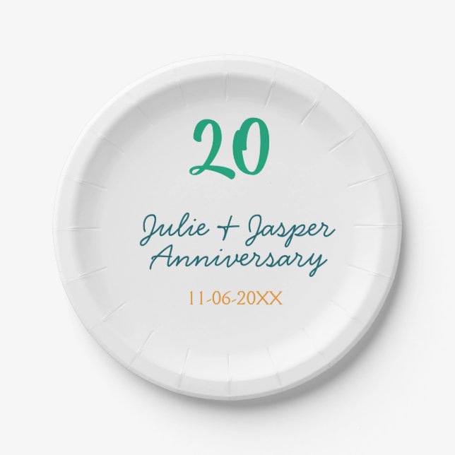 Plato De Papel Green blue 20th anniversary name date orange  (Anverso)