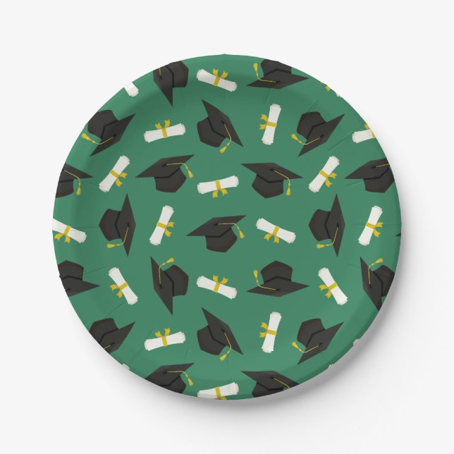 Plato De Papel Green Caps Diplomas Pattern Graduation Party (Anverso)