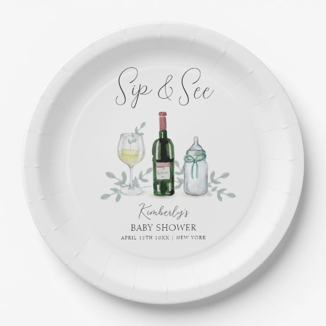 Plato De Papel Green Champagne Sip & See Baby Shower (Anverso)