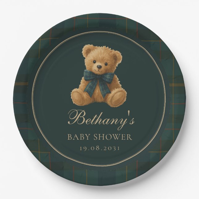 Plato De Papel Green Check Polo Teddy Bear Baby Shower (Anverso)