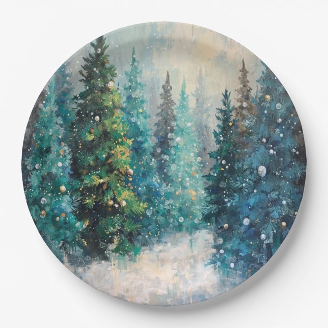 Plato De Papel Green Christmas Trees Winter Forest (Anverso)