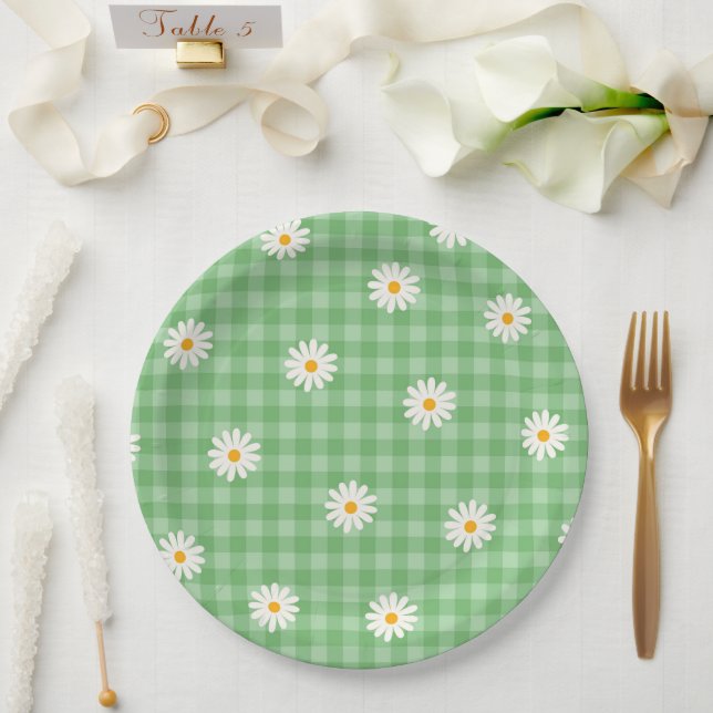 Plato De Papel Green Daisy Plaid Gingham Check Flower Pattern (Boda)