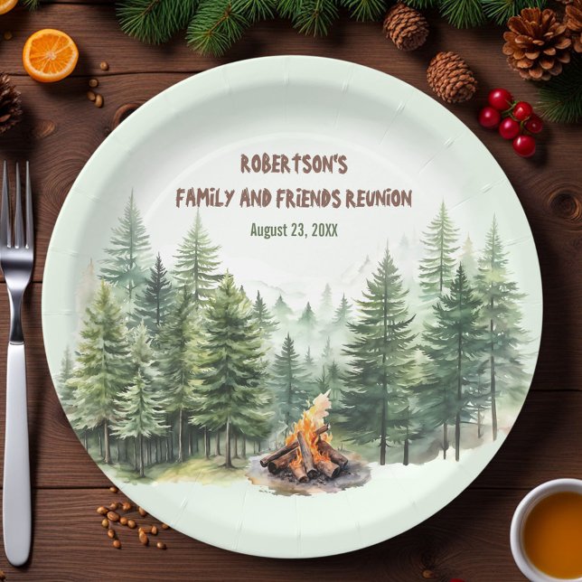 Plato De Papel Green de Campfire Forestal de Reunión Familiar (Family Reunion Forest Campfire Green Paper Plates)