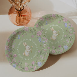 Plato De Papel Green Delicate Vintage Floral Bunny Baby Shower