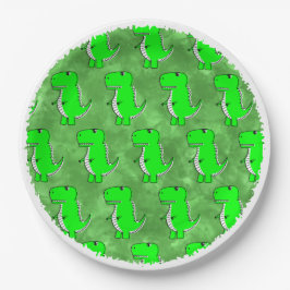 Plato De Papel Green Dino Watercolor Baby Shower