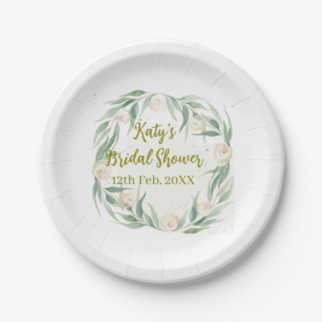 Plato De Papel Green eucalyptus floral bridal shower name date go (Anverso)