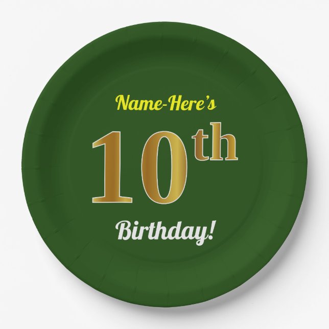 Plato De Papel Green, Faux Gold 10th Birthday + Custom Name (Anverso)
