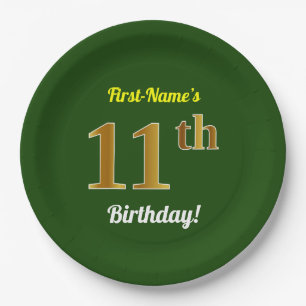 Plato De Papel Green, Faux Gold 11th Birthday + Custom Name