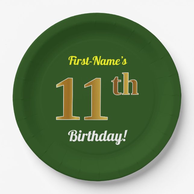 Plato De Papel Green, Faux Gold 11th Birthday + Custom Name (Anverso)