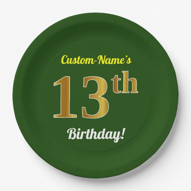 Plato De Papel Green, Faux Gold 13th Birthday + Custom Name (Anverso)