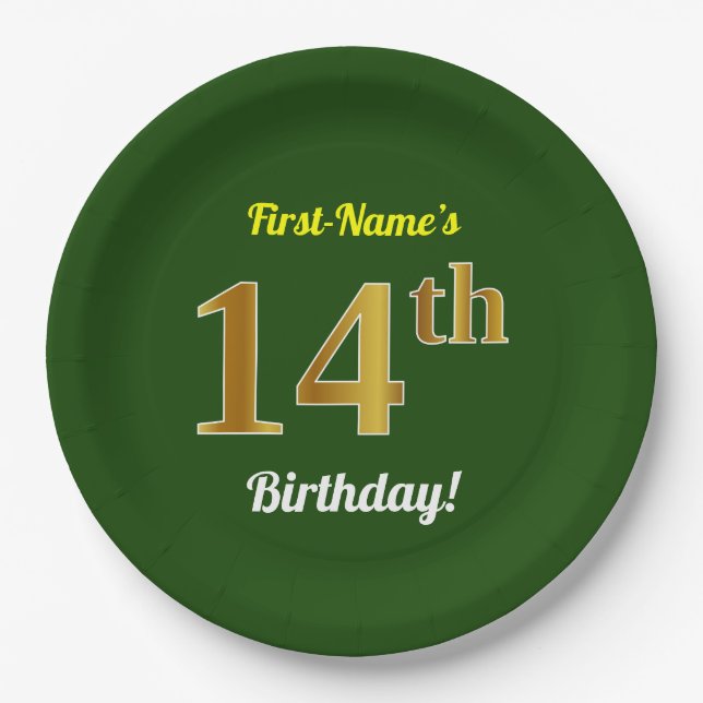 Plato De Papel Green, Faux Gold 14th Birthday + Custom Name (Anverso)